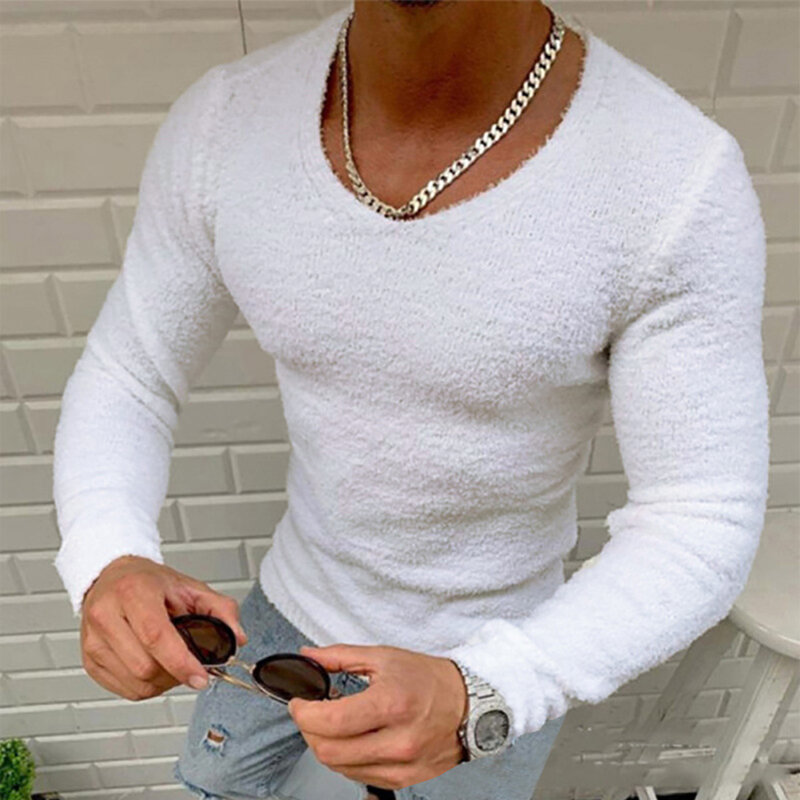 Men's Winter Sweater New Knit Fleece Slim Fit Long Sleeve Muscle Fitness Tops Pullover Solid Black White Sweaters Clothing