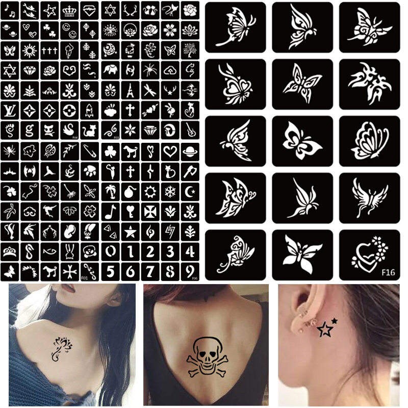 Pierres de tatouage scintillantes pour aérographe, modèle de dessin animé, petite fleur, papillon, femme, fille, enfants, 12 feuilles, 326 pièces