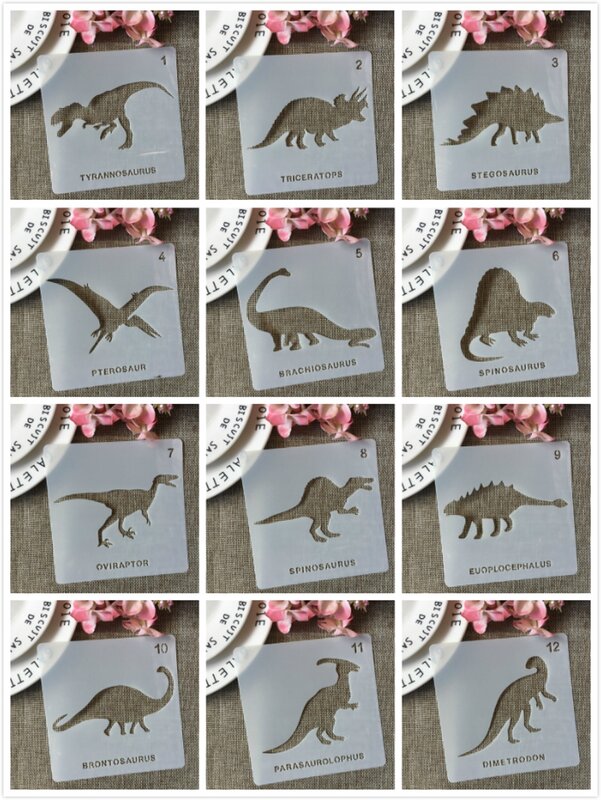 Coleção Dinosaur Stencils para DIY, camadas, pintura, Scrapbook, colorir, gravação em relevo, álbum, modelo decorativo, 12pcs, 13cm, 12pcs, conjunto