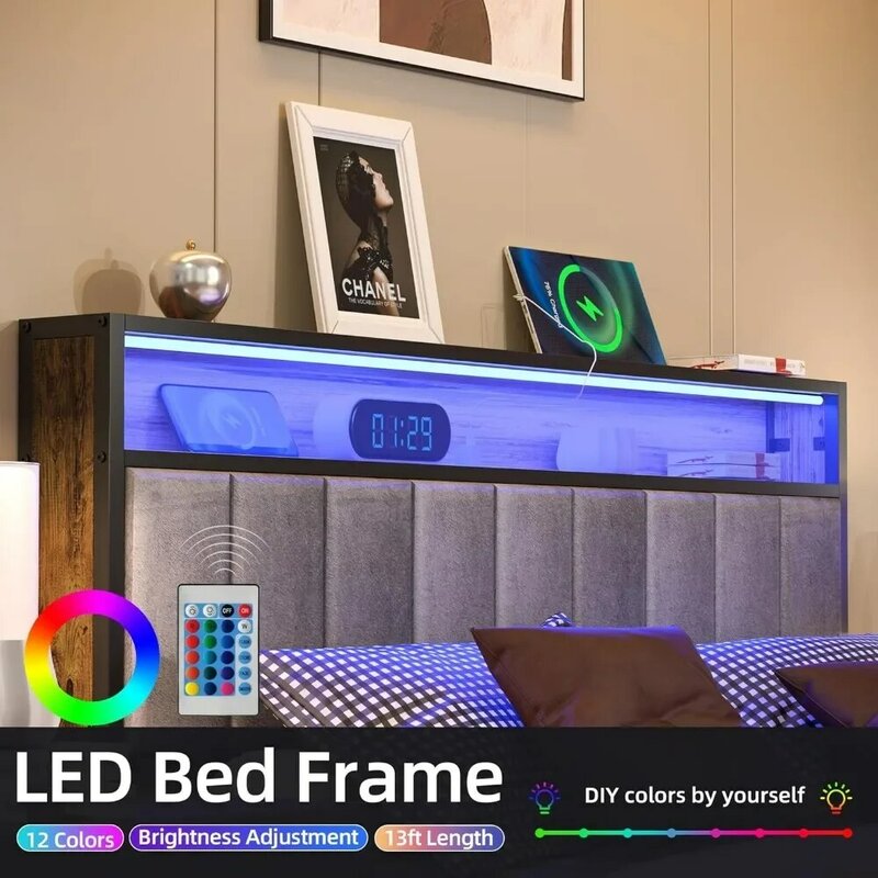 Rama łóżka, zagłówek ze schowkiem i lampkami LED, z 3 stacjami ładowania, bez sprężyny skrzynowej, łatwy w montażu, rama łóżka