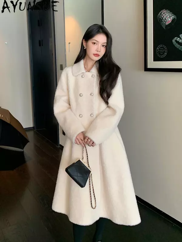 AYUNSUE-Jaqueta longa de corte de ovelhas feminina, alta qualidade, 100% casacos de lã, estilo coreano elegante, inverno, 2023