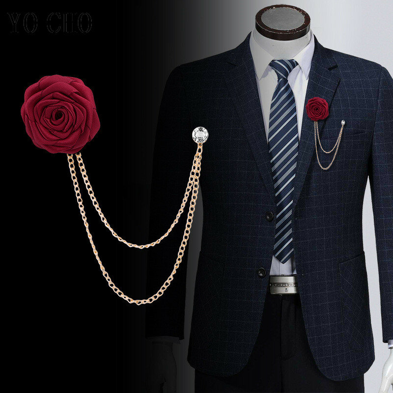 YO CHO Bridegroom Wedding Brooches Cloth Art Hand-Made Rose Flower Brooch Lapel Pin Badge Tassel Chain Men's Suit Accessories