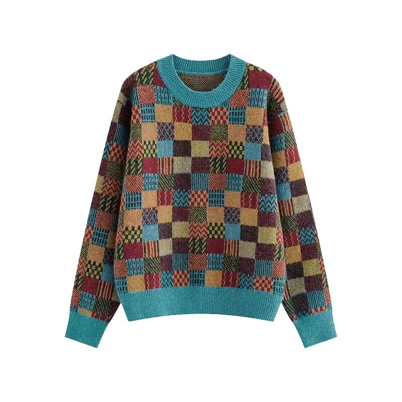 Женский винтажный свитер в клетку, Свободный пуловер с круглым вырезом, повседневный короткий свитер, Осень-зима 2023