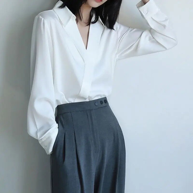V-Ausschnitt Hemden Frauen Sommer Büro Damen cool einfach All-Match Baggy koreanischen Stil Temperament entworfen weichen trend igen kausalen Chic
