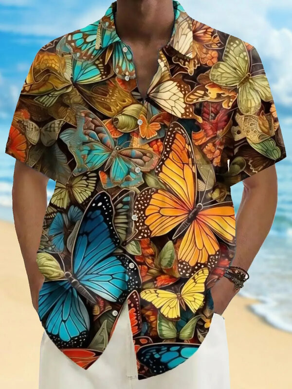 Kaus lengan pendek cetakan 3D pria, kemeja Hawaii berkancing warna-warni untuk pria