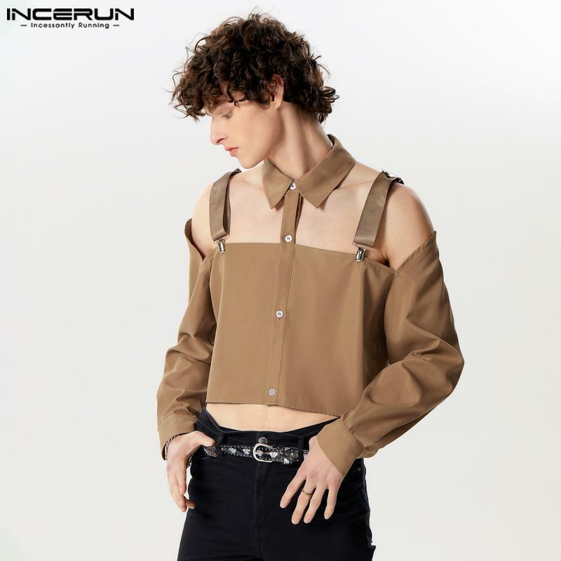 Топы INCERUN 2024, новая мужская Укороченная рубашка в американском стиле с полым дизайном, модная блестящая Мужская однотонная блузка с длинным рукавом