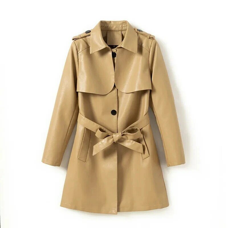 2023 primavera outono nova jaqueta feminina de couro do plutônio médio-comprimento versão coreana magro trench coat all-match outerwear chaquetas de mujer