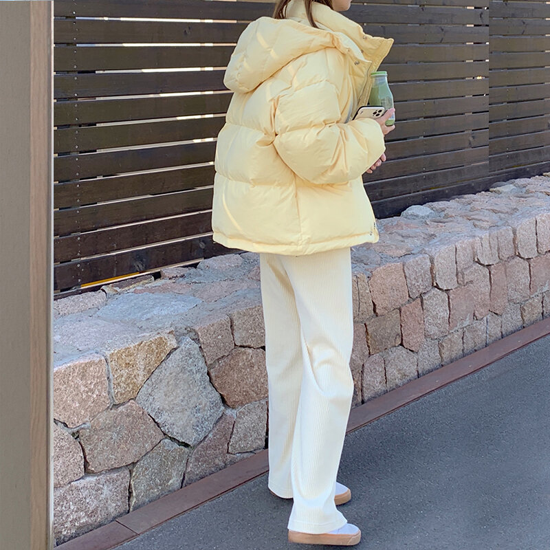 Jaqueta amarela com capuz feminina, curta, pequena, jaqueta de pão, jaqueta de algodão, tendência estudantil, novo, inverno, 2023