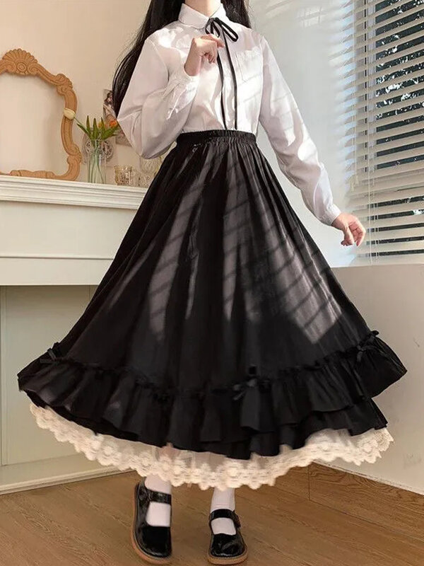 Черные длинные женские юбки в японском стиле каваи в стиле преппи юбка Лолиты Женские французские винтажные двухслойные кружевные плиссированные юбки с оборками