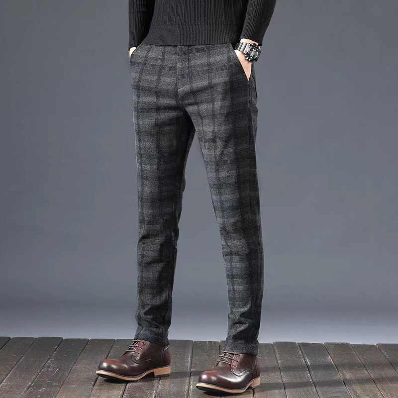 Men Trousers Fashion Smart Casual Check Comfortable Breathable Slim Fit Plaid Business Pants For Man Homme