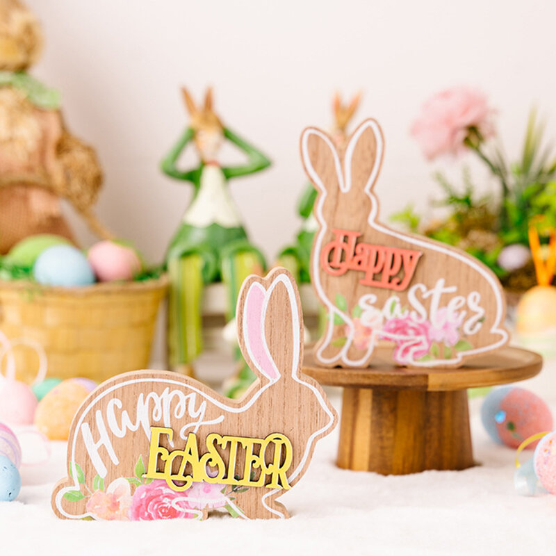 Decoraciones de animales del bosque, adornos de madera para la alegría de conejo de pascua, decoración de Pascua muy utilizada, amarillo