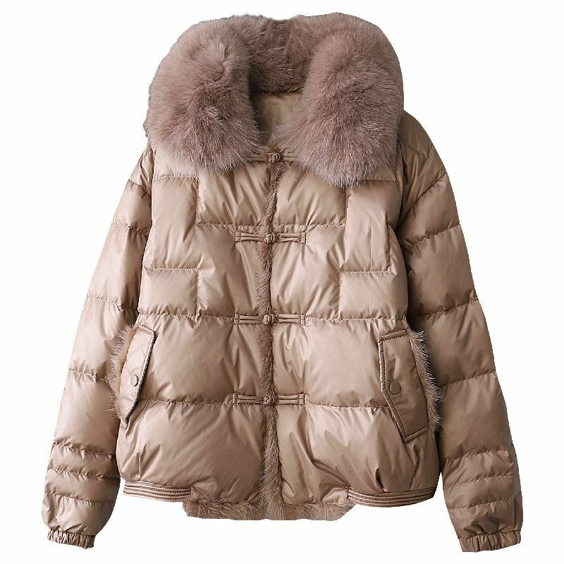 Новинка 2023, модное утепленное пальто, женское короткое теплое зимнее пальто на белом утином пуху, пальто из норкового меха с воротником из настоящей лисы, куртки