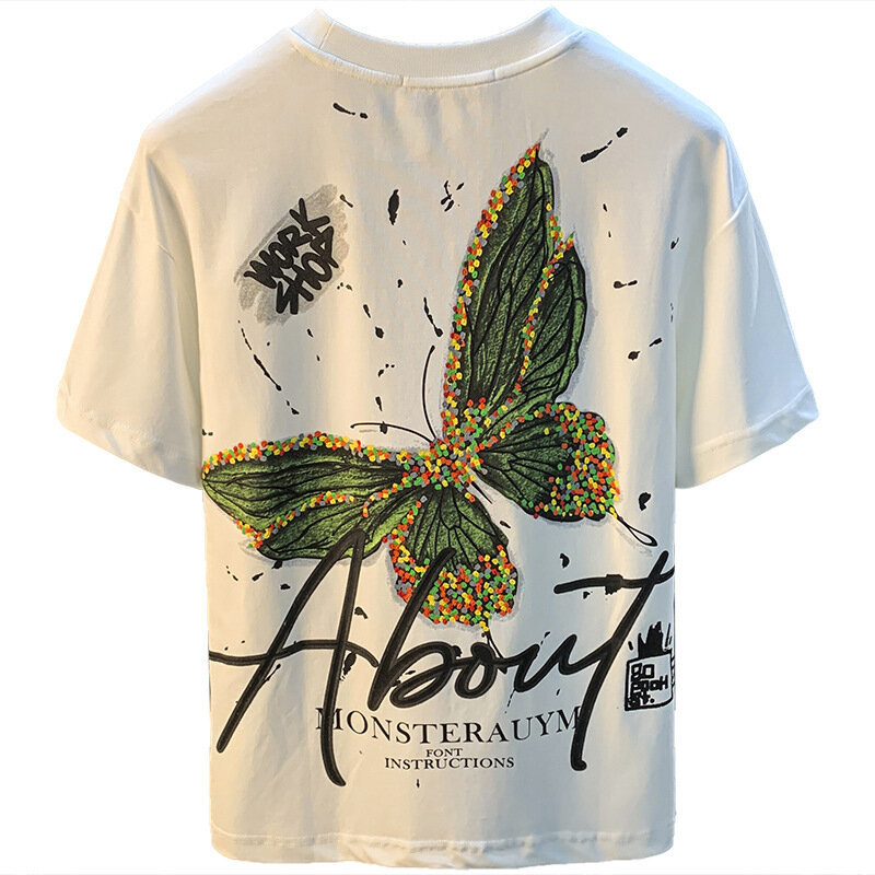 Fashion painted short sleeve T-shirt men's summer thin butterfly print embroidered high-end affordable luxury half sleeve top