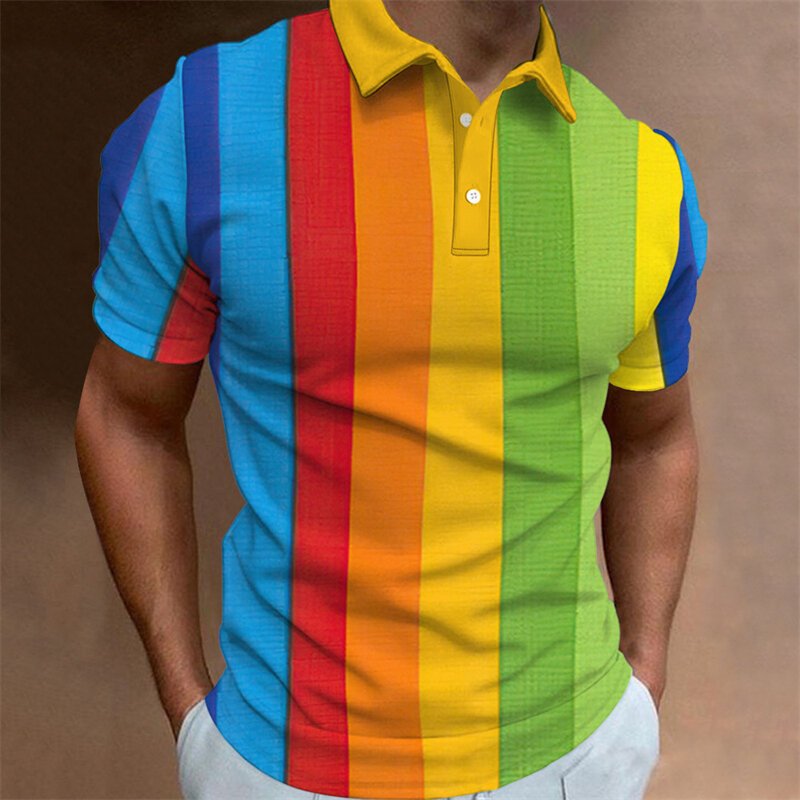 Kaus Polo motif garis grafiti warna 3D untuk pria, kemeja lengan pendek berkerah kebesaran kasual kancing Golf