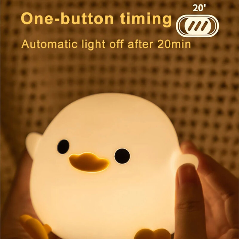 Luz LED nocturna de pato para niños, lámpara de silicona con dibujos de animales, Sensor táctil, temporizador, recargable por USB, regalo de cumpleaños