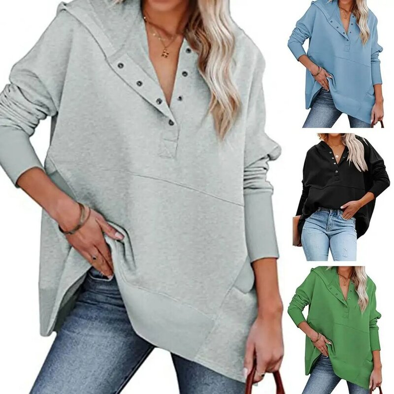 Sweatshirt wanita lengan panjang warna Solid, atasan Pullover bertudung kerah V kasual longgar untuk musim gugur/musim dingin