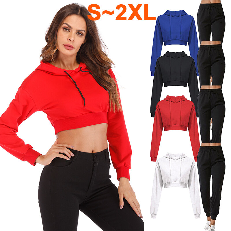 Женский спортивный пуловер, комплект из двух предметов, толстовка с длинным рукавом и открытой пуговицей, короткий топ и спортивные штаны