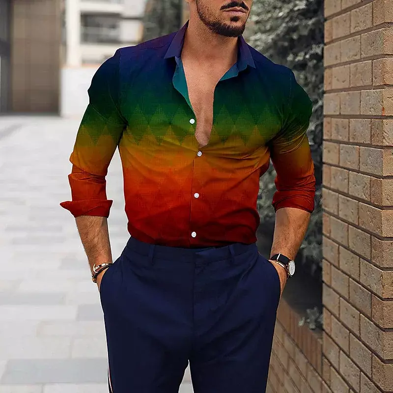 Fashion Men Long Sleeve Shirt Lapel Button Casual Color Spring Summer HD Pattern Rainbow Outdoor Sports Top Shirt T-Shirt