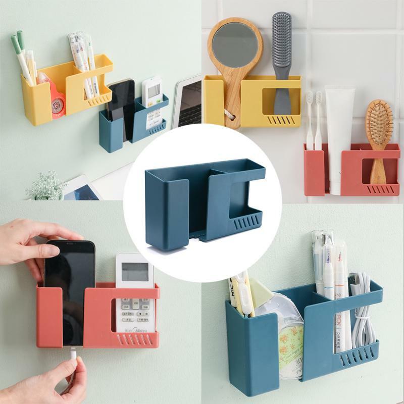 2 In 1 Wall-mounted Mobile Phone Remote Control Storage Box Multifunctional Punch-free Storage Rack Wall Debris Storage Holders