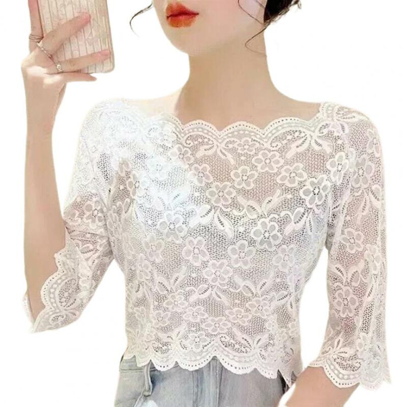 Blusa feminina de meia manga com uma palavra, bordado transparente, pulôver de renda, tops cortados, roupas de verão