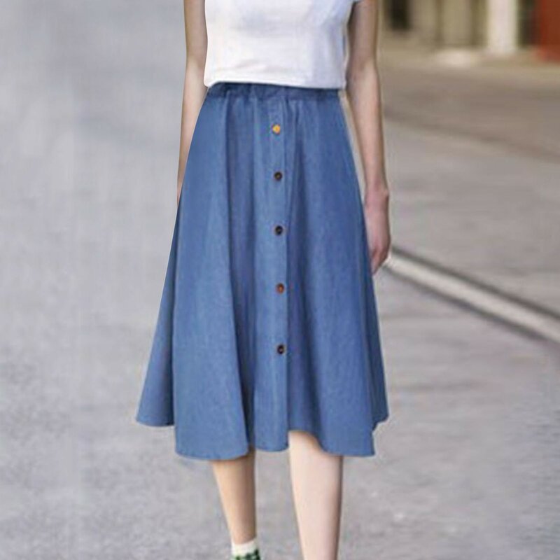 Denim Jean Skirt For Women 2024 Summer Stretchy High Waist Button Up A-Line Flowy Midi Skirts Daily Commuting Fresh Style