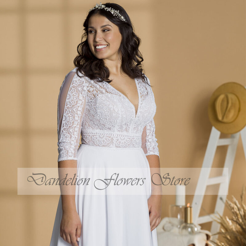 Classic Wedding Dresses Plus Size V-Neck 3/4 Sleeves Bride Gowns Lace Chiffon A-Line Floor Lenth Vestidos De Novia 2023