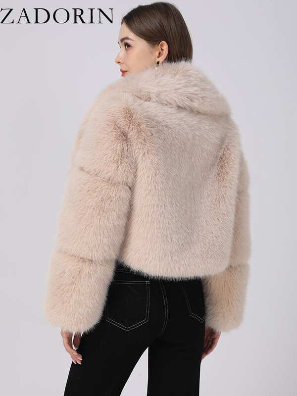 ZADORIN 여성용 럭셔리 디자이너 의류, 크롭 블랙 인조 여우 모피 코트, 긴 소매 푹신한 인조 모피 재킷, 겨울 모피 코트