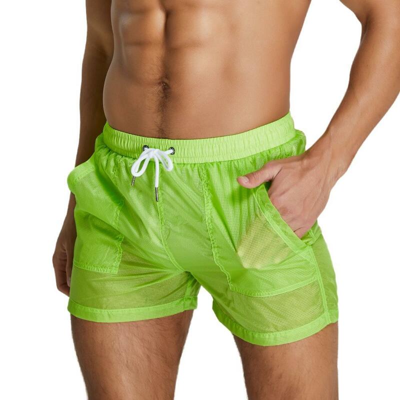 SEOBEAN-pantalones cortos de secado rápido para hombre, ropa Sexy semitransparente, con forro de malla, para gimnasio, para correr, informal, para playa