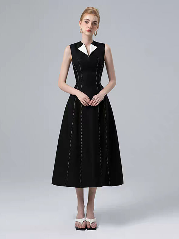DEAT Elegant Dress Contrast Color Bright Lines Collar Sleeveless Waist Women's Evening Dress 2024 Spring New Fashion 13DB3318