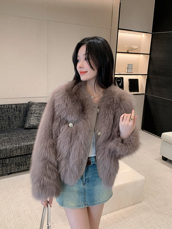 Jacket Women's Thick Warm Autumn and Winter Fashion Loose Casual High-End Round Neck Single-Brewed Fox Fur Coat Short Commute1Pc