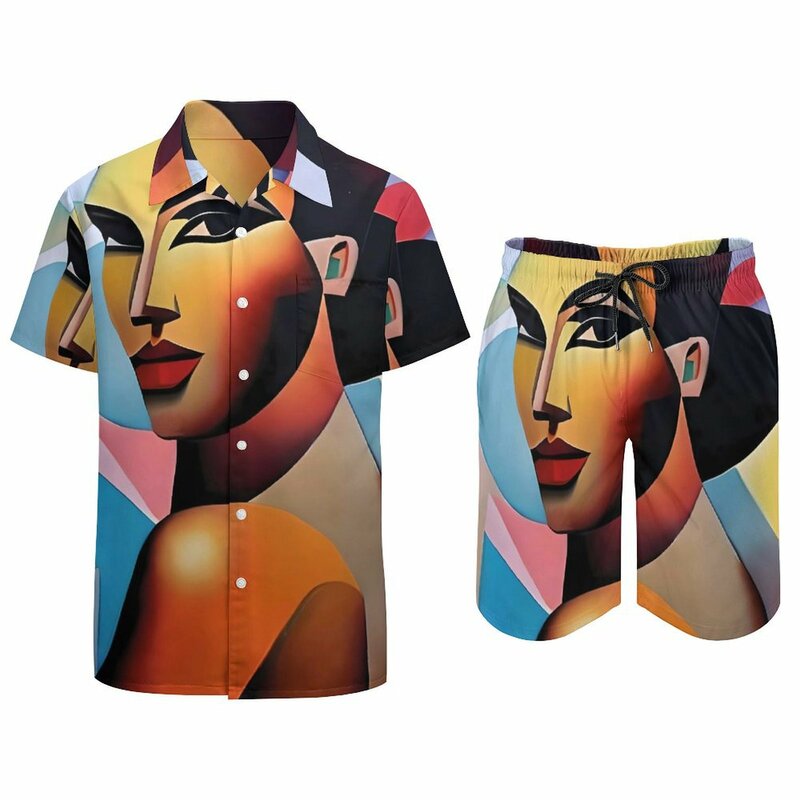 Lady Face Art Board Print para hombre, conjunto de camisa informal de estilo cubista, pantalones cortos gráficos de verano, traje de tendencia de 2 piezas, 2XL, 3XL