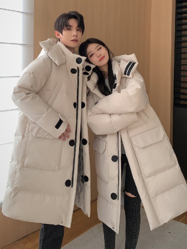 Casacos de baixo estilo de ferramental coreano para homens e mulheres, casacos longos em X, casacos quentes e grossos 90% brancos, inverno, novo, 2023