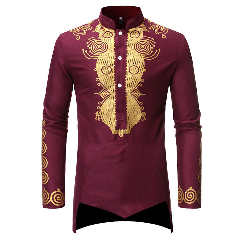 Dubai Luxury Casual Islamic Arabic Abaya Robe Fashion Ethnic Print Stand Collar Youth Mid-length Shirt Coat Muslim Men Clothing