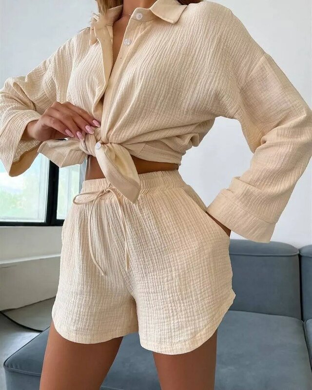 Solid Pleated Shorts Two Piece Set For Women Casual Loose Long Sleeve Shorts Set 2024 Autumn Fashion Women'S Suit Button Outfits