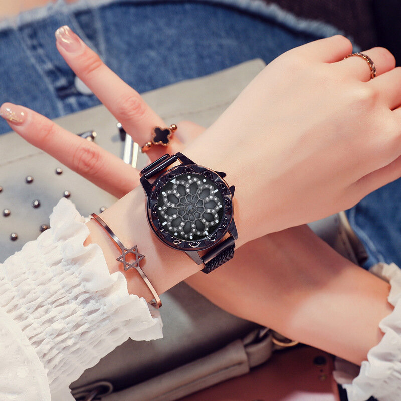 Montre-bracelet porte-bonheur pour femmes, horloge à Quartz magnétique en diamant, rotation de fleurs, or Rose, à la mode, offre spéciale, 2022