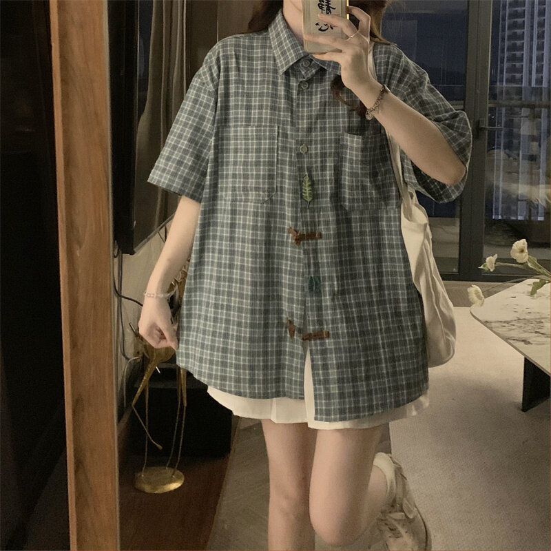 Camisa xadrez de manga curta feminina, blusa casual, blusa colorida, botão de chifre de vaca, retrô coreano estilo Hong Kong, primavera e verão