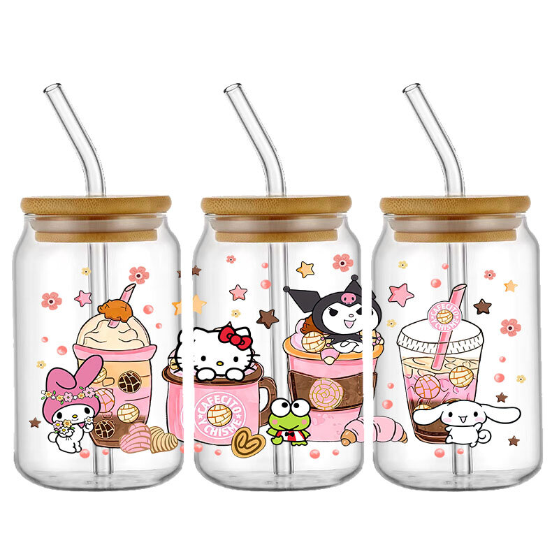 Sanrio สติกเกอร์ยูวี DTF ลาย Hello Kitty Kuromi Disney สำหรับ16แก้วแก้วทรานเฟอร์สติ๊กเกอร์ติดโลโก้ DIY
