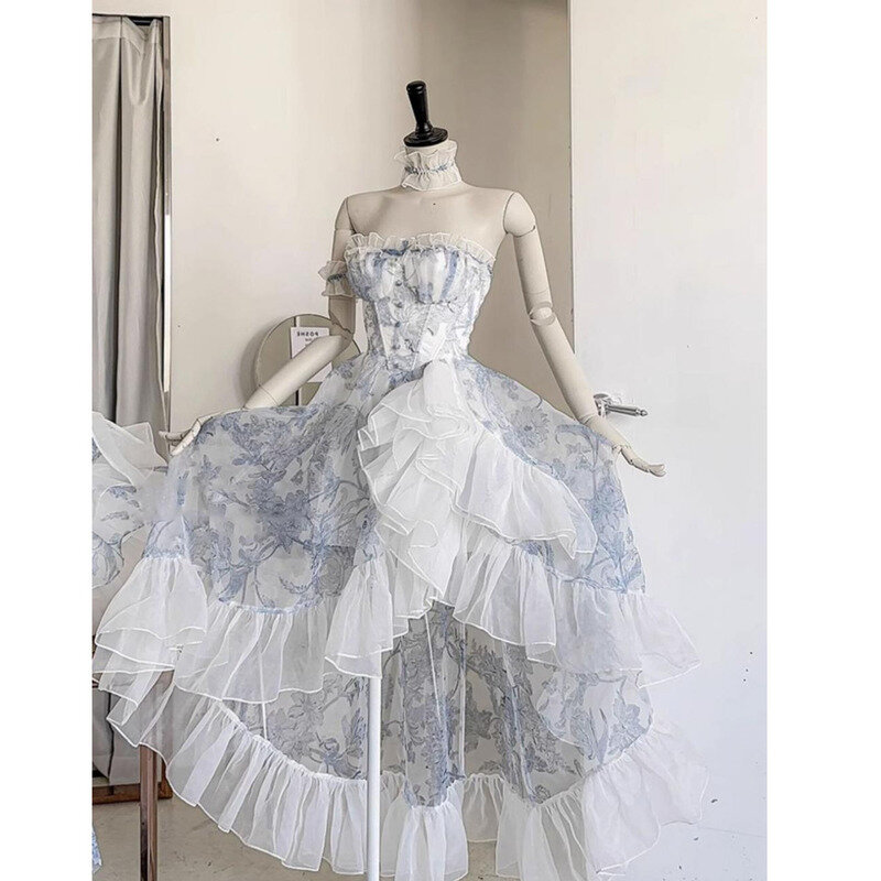 Robe trapèze élégante sans bretelles pour femme, bleu clair, fleur fragmentée, taille enveloppée, fête d'anniversaire, queAdult, nouveau, 2024