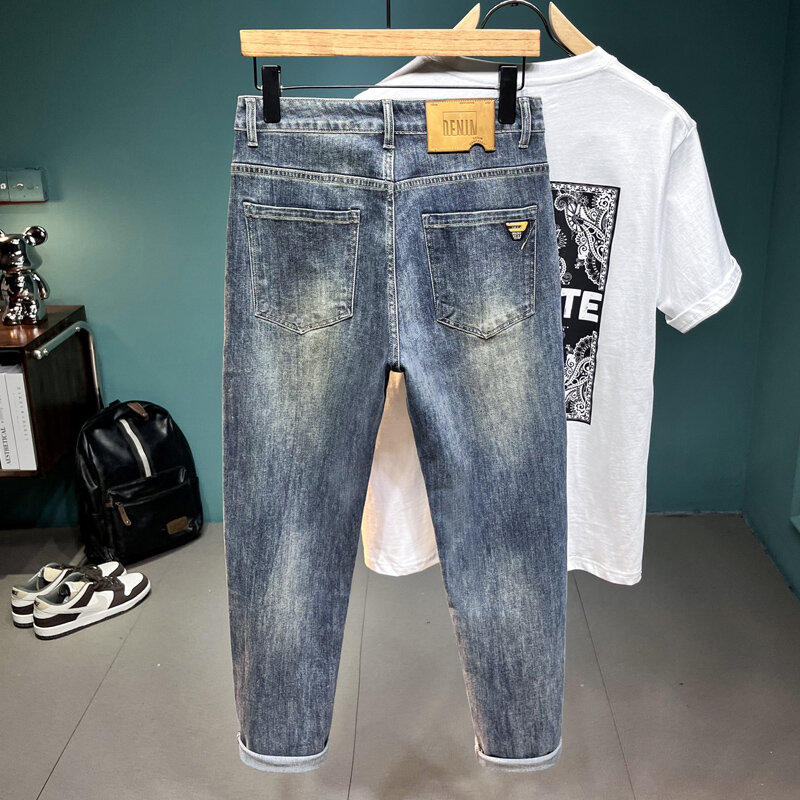 Новинка весна-лето 2024 мужские джинсы с вышивкой облегающие Универсальные синие модные трендовые брюки для отдыха с эффектом потертости