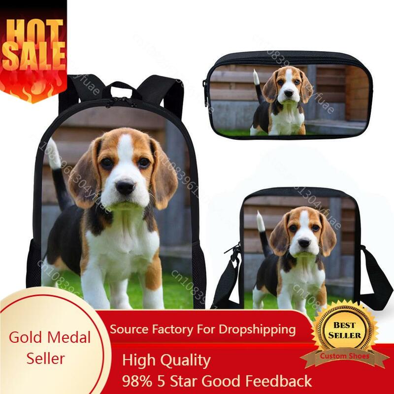 Cute Animal Dog Beagle Impressão Mochila para Crianças, Mochilas Escolares para Meninos e Meninas Adolescentes, Mochila Infantil, 3Pcs por Conjunto