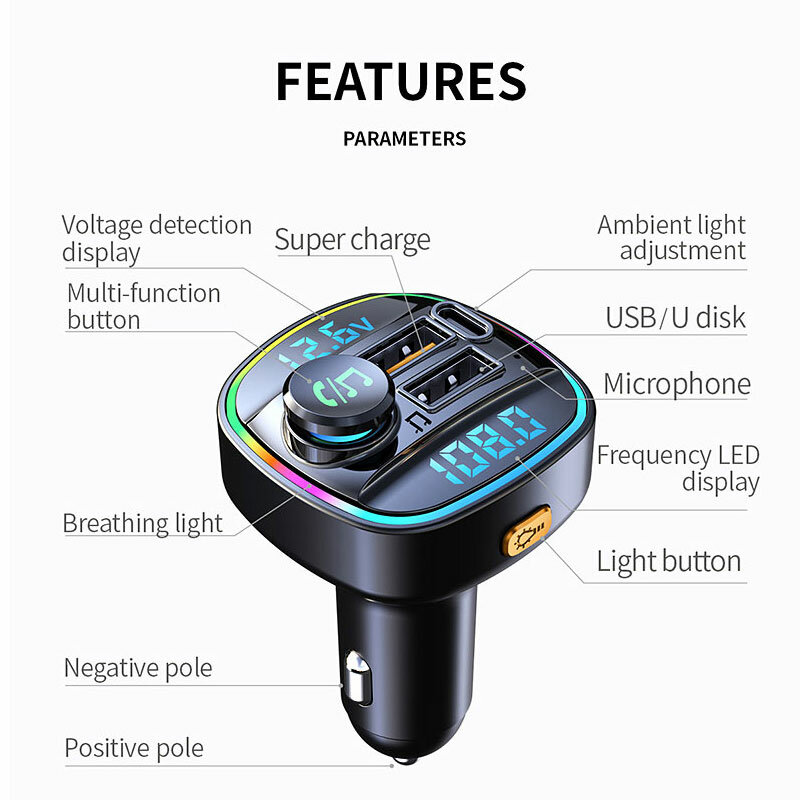 블루투스 5.0 FM 송신기, 차량용 핸즈프리 라디오 변조기, MP3 플레이어, 22.5W USB, 초고속 충전 어댑터