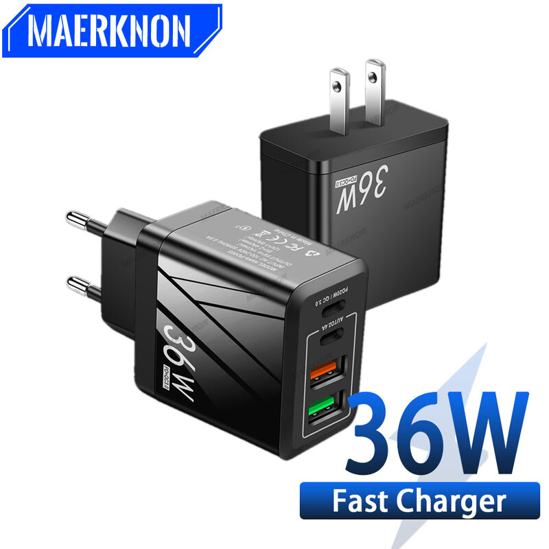 36W 3A 4 Ports Dual PD Type c Wall Charger Fast Charging Power Adapters For Iphone 13 14 Samsung s20 s22 Utral Htc Xiaomi Huawei