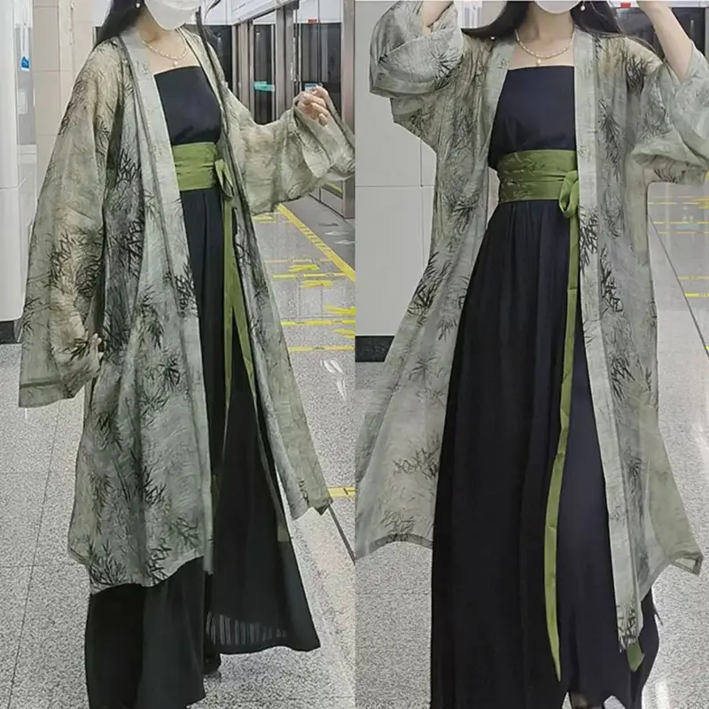 Новый китайский стиль Hanfu, женский свободный костюм династии ханьфу из четырех частей, кимоно, халат, винтажные зеленые китайские костюмы ханьфу