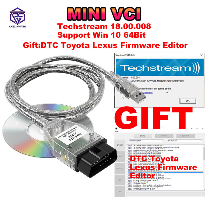 Mini Vci For Toyota TIS Techstream V18.00.008 FTDI FT232RL OBD2 Diagnostic Cable until 2023 DTC Firmware Editor for Toyota/Lexus