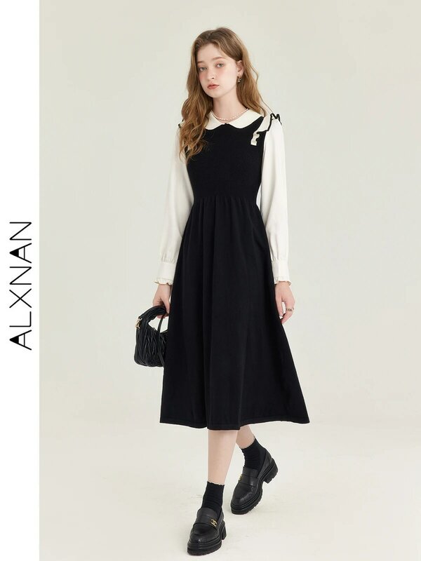 ALXNAN French Lapel Dress Women's 2024 Autumn New Fake Two-piece Long-sleeved Temperament Slim Dress Female Clothes T01007