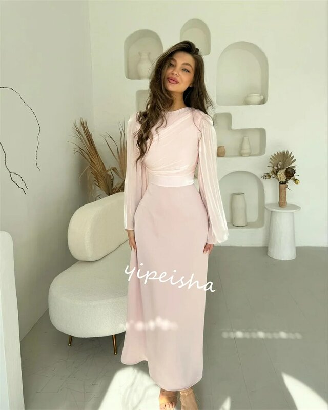 Gaun Prom Arab Saudi Satin Pleat Hari Valentine A-line O-Neck Bespoke gaun acara gaun Midi