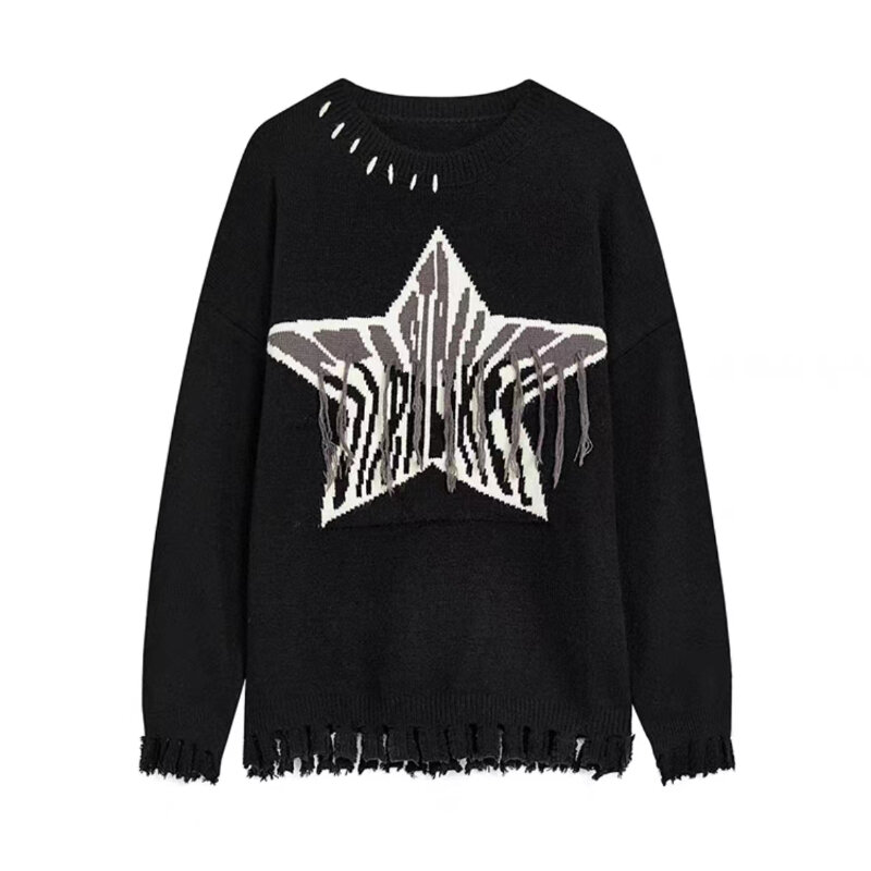 YUQI Gothic Harajuku Punk Sweater Women Pullover Y2k Goth Tassel Hole Star Embroidery Knitted Top 2023 Autumn Long Sleeve Jumper