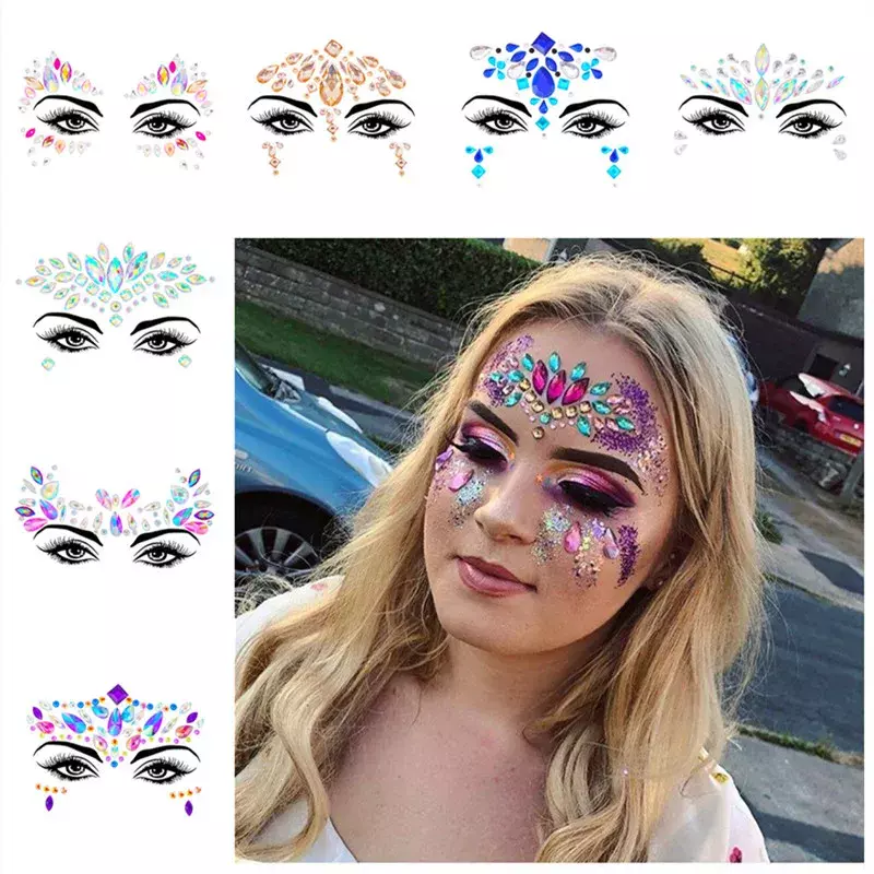 3D Glitter Fake Face Tattoo Stickers, strass temporários, tatuagens sexy do partido, mulher