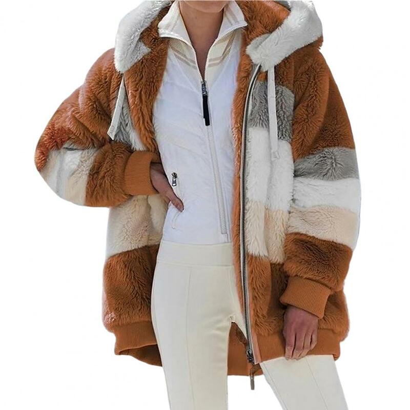 Szykowny, zimowy płaszcz Color Block z kapturem puszyste elastyczny mankiet kolory pasujące do zimowego płaszcza