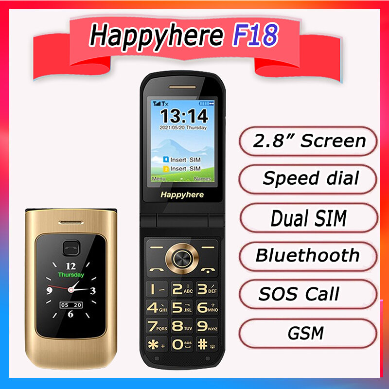 Happyhere F18 잠금 해제 플립 휴대폰, 듀얼 스크린, 속도 다이얼, 셀룰러 SOS MP3 FM 토치, 푸시 버튼 키보드, 저렴한 휴대폰